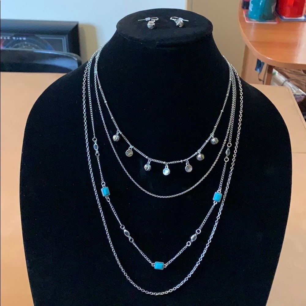 Charming Charlie layered silver necklace with earring set